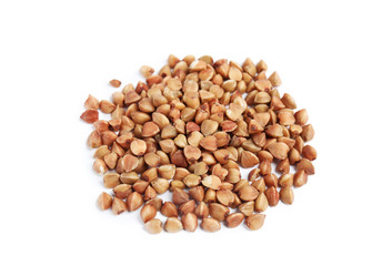 Uncooked buckwheat on white background. Healthy diet