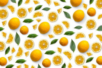 Seamless pattern of lemons and leaves. Food concept. Lemon on white background. Flat lay.Top view.