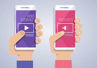 Video tutorials and audio podcasts concept. Smartphone with human hand on gray background. Online education on mobile phone