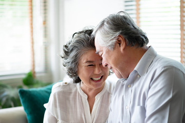 Asian senior couple in love laughing. - obrazy, fototapety, plakaty