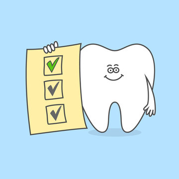 Cartoon tooth with uncompleted to do list. One green check mark on a sheet of paper. Dental care and hygiene icon. Plan for teeth treatment.