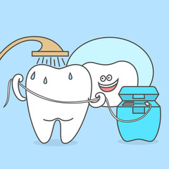 Cartoon tooth is taking a shower with dental floss, looking in the mirror. Dental care concept and hygiene. Teeth cleaning and mouth rinsing.