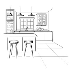 Interior sketch of modern kitchen with island. - 251424575