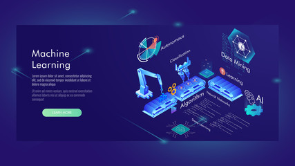 Machine learning, Ai, Data mining, algorithm, algorithm, neural network, deep learning and autonomous. isometric vector concept
