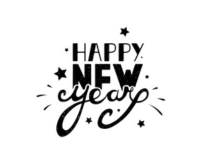 Happy New Year hand lettering on a white background. Hand drawn typography. 