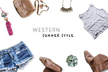 Western feshen style. Background. Summer feminine cowboy style. Flat lay, top view mockup. Copy space.