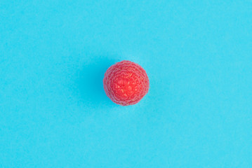 One ripe aromatic raspberry on blue background.