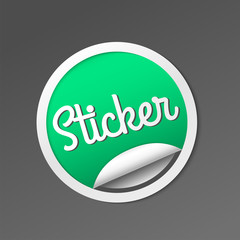 Paper sticker with peel off corner. Vector green blank banner or circle folded label.