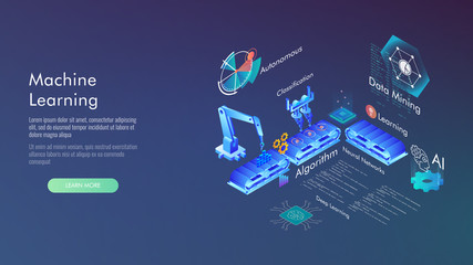 Machine learning, Ai, Data mining, algorithm, algorithm, neural network, deep learning and autonomous. isometric vector concept