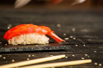 rolls and sushi set, mix different tastes. food background. top