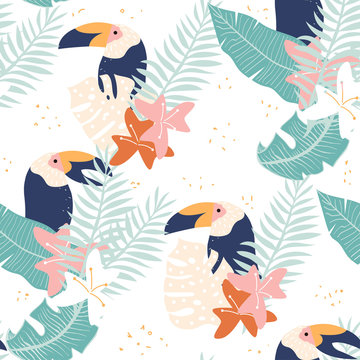 Tropical seamless pattern with leaves and toucan. Summer jungle print. Vector hand drawn illustration.