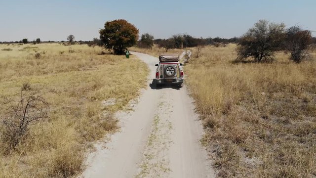 4x4 offroad vehicle driving through wild savannah landscape of Central Botswana Kalahari landscape close to Makgadikgadi Pans on the way to Kubu Island, Aerial drone shot