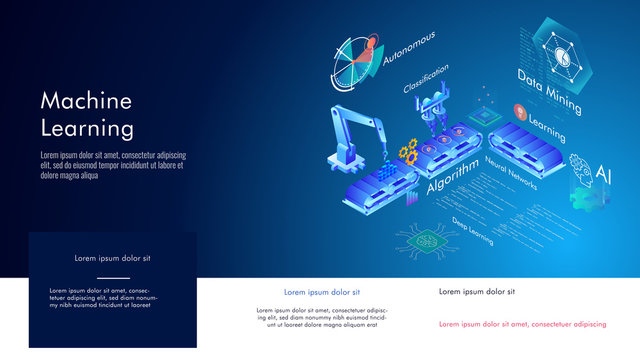 Machine learning, Ai, Data mining, algorithm, algorithm, neural network, deep learning and autonomous. isometric vector concept