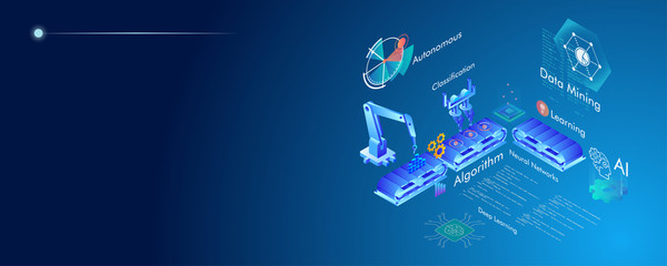 Machine learning, Ai, Data mining, algorithm, algorithm, neural network, deep learning and autonomous. isometric vector concept