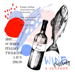 Wine tasting and seafood party poster. Vector hand drawn fish with red wine bottle. Italian sea fingerfood banner. Modern abstract background. Vintage restaurant menu, invitation, flyer design.
