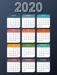 Calendar 2020 on dark background. Colorful calendar 2020 year. Simple vector template