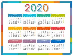 Calendar 2020 in Spanish language on white background. Colorful calendar 2020 year. Simple vector template