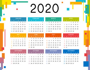 Calendar 2020 on white background. Colorful calendar 2020 year. Simple vector template