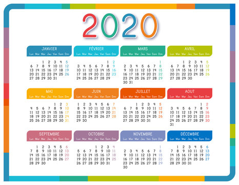 Calendar 2020 in French language on white background. Colorful calendar 2020 year. Simple vector template