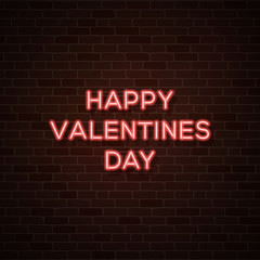 Fototapeta premium Happy Valentine's Day. Glowing neon text. 80s style retro banner template. Night club electric light signboard. Dark brick wall background. Party invitation, poster flyer wallpaper vector illustration