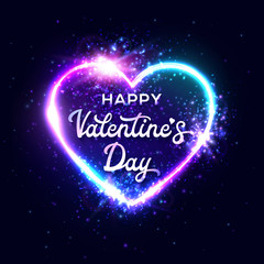 Naklejka na ściany i meble Happy Valentine's Day. Neon script lettering inscription. Wire hand lettering card. Modern calligraphy for Valentine's Day. Vector neon sign. Abstract blue background with bright vector electric heart