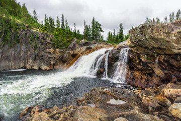 Waterfall stone Scandinavia trees Green
