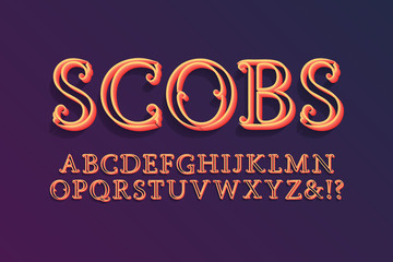 Scobs decorative alphabet. Nice 3d font. Isolated english alphabet.
