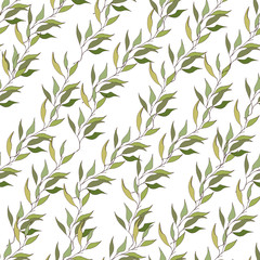 Light background of branches with green leaves. Delicate texture for fabric.