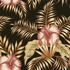 Fotobehang Hibiscus Tropische botanische samenstelling hibiscus gouden palmbladeren zwarte achtergrond