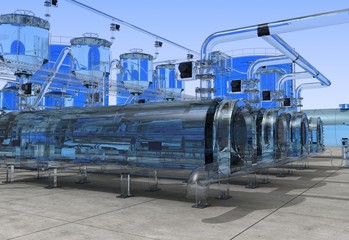 oil refinery, glass factory, exterior visualization, 3D illustration