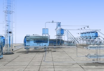 oil refinery, glass factory, exterior visualization, 3D illustration