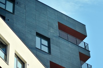 Futuristic architecture of apartment building. Modern residential architecture