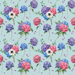 Watercolor seamless pattern with anemone and hydrangea. Hand drawn hydrangea, anemone, eucalyptus leaves and branches isolated on pastel blue background. For design, print or fabric.