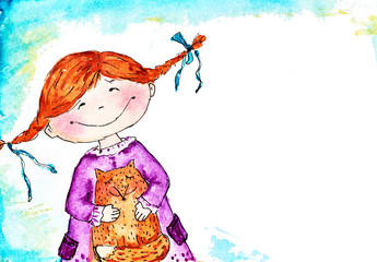 Obraz na płótnie Canvas Watercolor illustration with cartoon little smiling girl with red hair (ginger) with pigtails and a fox in her hands. Greeting card with copy space