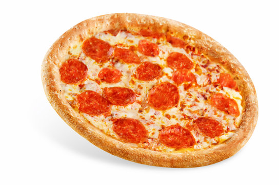 Pizza with pepperoni, tomato sauce and cheese isolated