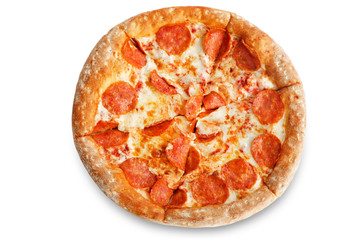 Pizza with pepperoni, tomato sauce and cheese isolated