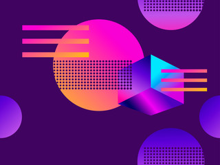 Futuristic seamless pattern with geometric shapes. Gradient with purple tones. 3d isometric shape. Synthwave retro background. Retrowave. Vector illustration