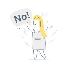 Angry cartoon woman says No, she annoyed with bad attitude making stop, saying no. Refuse, deny, restriction, disagree, No word, reject, denial, cancellation, opposition vector
