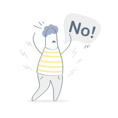 Angry cute cartoon man says No, he annoyed with bad attitude saying stop, No. Refuse, deny, restriction, disagree, No word, reject, denial, cancellation, opposition concept