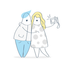 Happy couple taking selfie, portrait photo. Man and woman are photographed together, romantic selfie, travel together