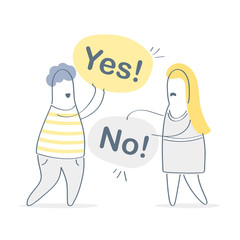 Dispute, debate, negotiation, conflict of interest, differences of opinion. Couple of people quarrel and swear holding signs yes and no. Modern outline cartoon vector isolated on white background