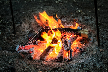 Logs of wood, burn bright red fire.  Flame of fire.