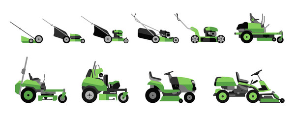 Various types of lawn mowers isolated on white background. Mowed grass. Gardening grass-cutter. Flat vector illustration.