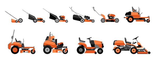 Various types of lawn mowers isolated on white background. Mowed grass. Gardening grass-cutter. Flat vector illustration.