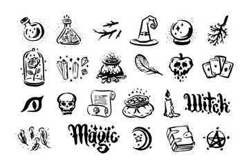 Vector hand drawn illustration of Witch and magic item illustration on white background. - obrazy, fototapety, plakaty