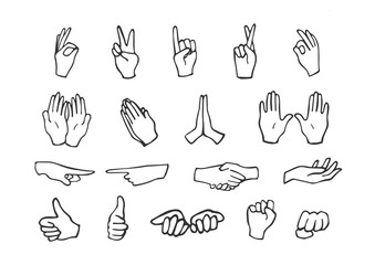 Collection of hand emoji gestures monochromic stickers