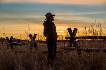 Silhouette of farmer at sunset