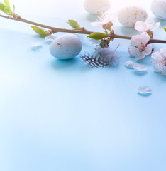 Easter Eggs with Spring Flowers on blue Background