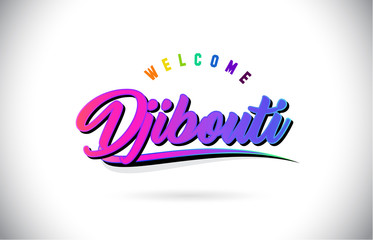 Djibouti Welcome To Word Text with Creative Purple Pink Handwritten Font and Swoosh Shape Design Vector.