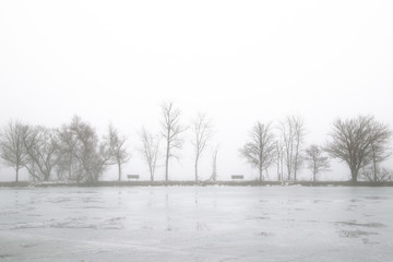 Foggy Lake in Winter Morning In North America